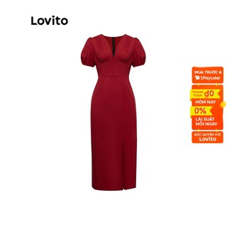Đầm Lovito tay phồng cổ chữ V khóe sâu màu trơn xẻ tà phía trước phong cách thanh lịch cho nữ L41LD027 (đỏ tía)