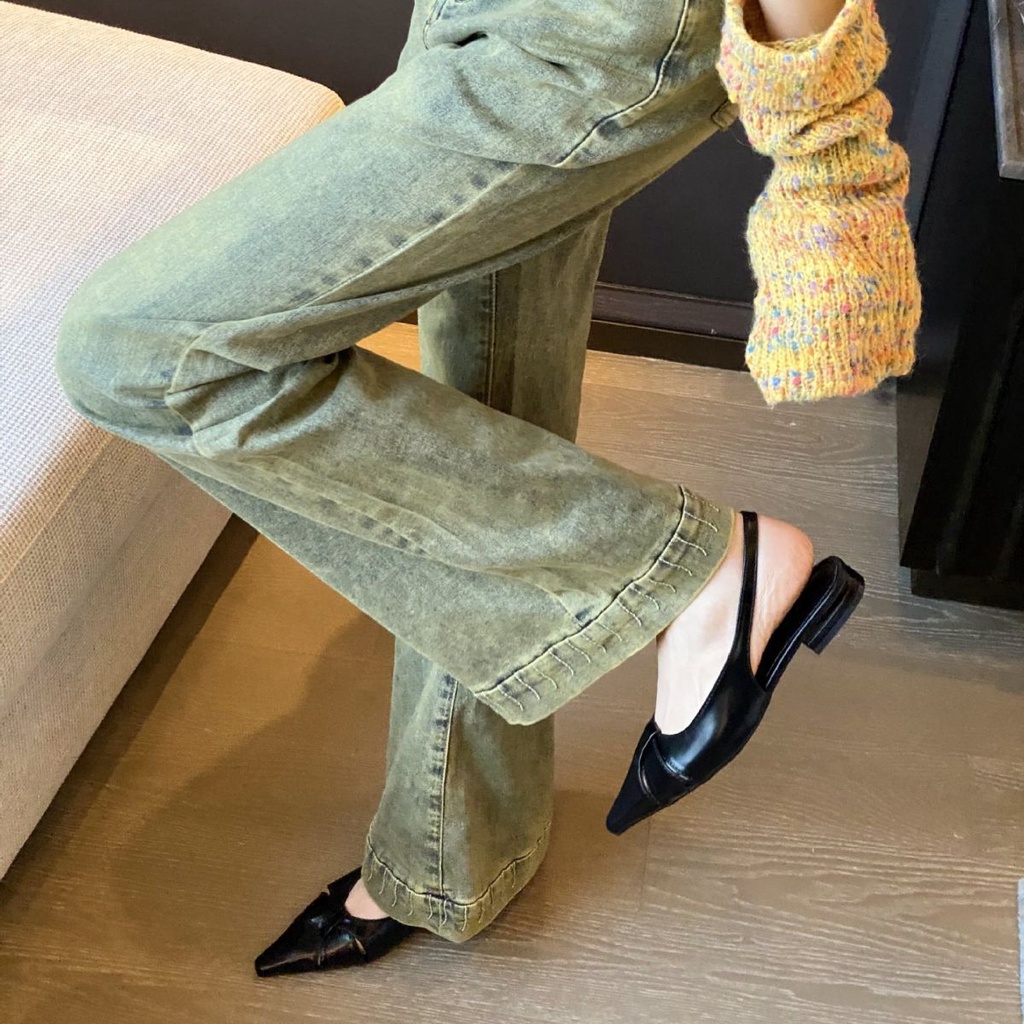 2023 phong cách mới thời trang one-word strap phong cách pháp sang trọng toe-covered shallow mouth sandals nữ