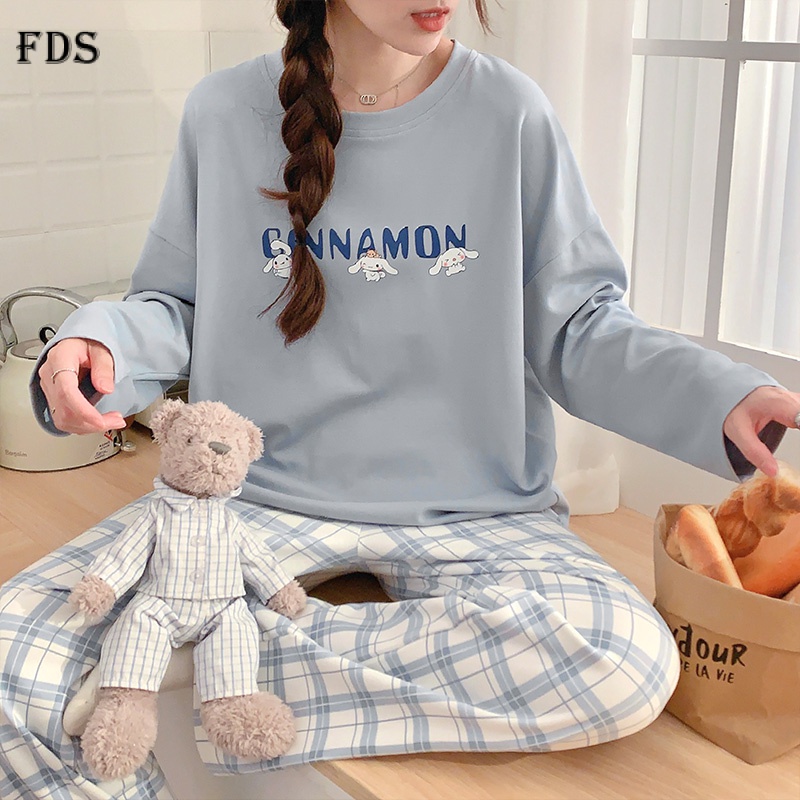 Bộ đồ ngủ mặc nhà FDS áo tay dài + quần dài kẻ sọc in chữ cái mềm mại thoải mái thời trang thu đông cho nữ
