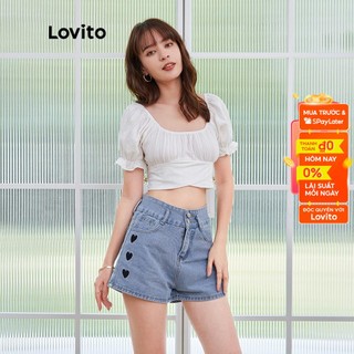 Áo Kiểu Lovito Màu Trơn Ôm Dáng Cột Sau Lưng Tay Ngắn Phồng Viền Xếp Nếp Thường Ngày L04180 (Màu Trắng)
