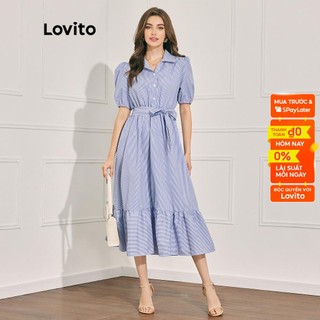 Đầm LOVITO tay phồng thắt dây viền xếp nếp nút cài trước họa tiết kẻ sọc thường ngày cho nữ L47LD035 (màu xanh dương)