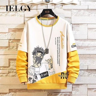 Ielgy áo thun nam dài tay cổ tròn không viền màu khối phong cách nhật bản