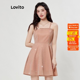 Váy Lovito trơn trơn trơn long lanh Spaghetti dây đeo A Line Women Dress L33ED025 (Champagne)