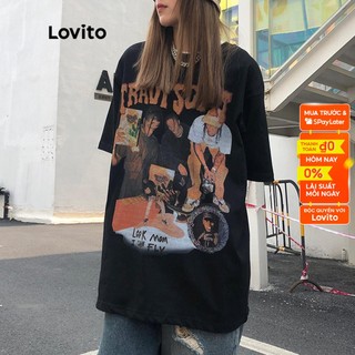 Áo thun Lovito in họa tiết phong cách vintage đơn giản L00241 (màu đen/ trắng)