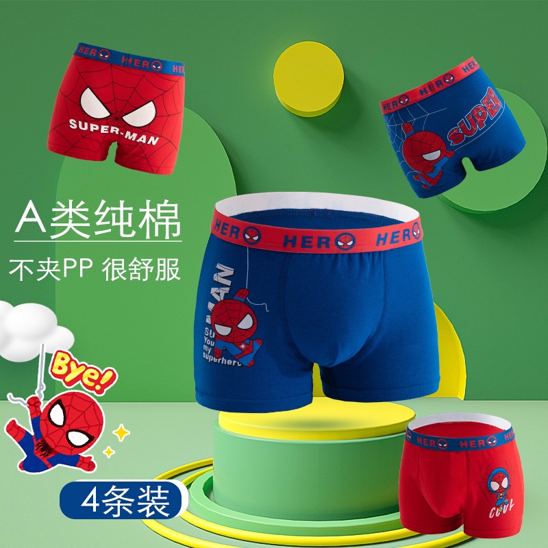 Bộ 4 Quần Lót Boxer cotton Thoáng Khí In Hoạt Hình Người Nhện Cỡ Vừa Và Lớn Thoải Mái Cho Bé Trai