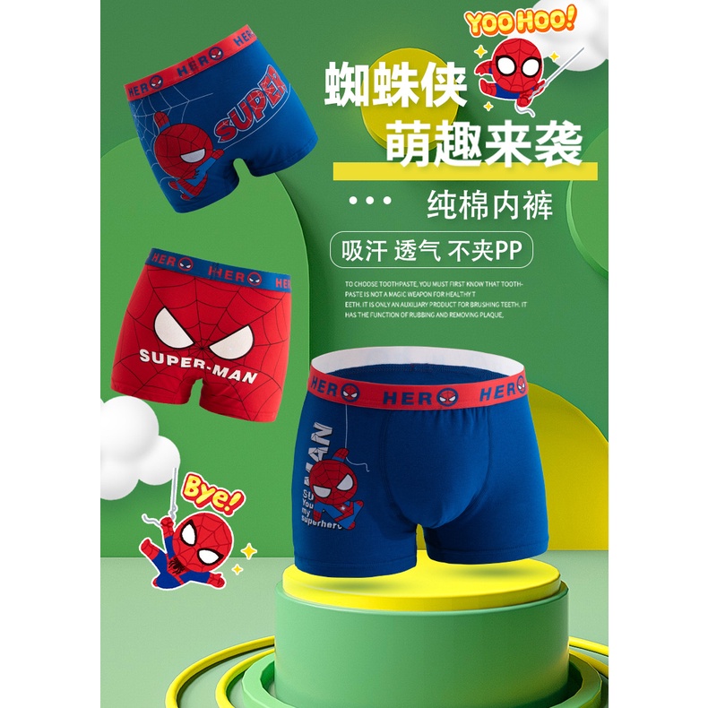 Bộ 4 Quần Lót Boxer cotton Thoáng Khí In Hoạt Hình Người Nhện Cỡ Vừa Và Lớn Thoải Mái Cho Bé Trai