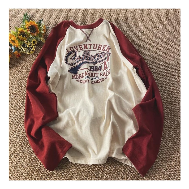 Oversize american loose retro raglan contrast top oversized long sleeve t-shirt