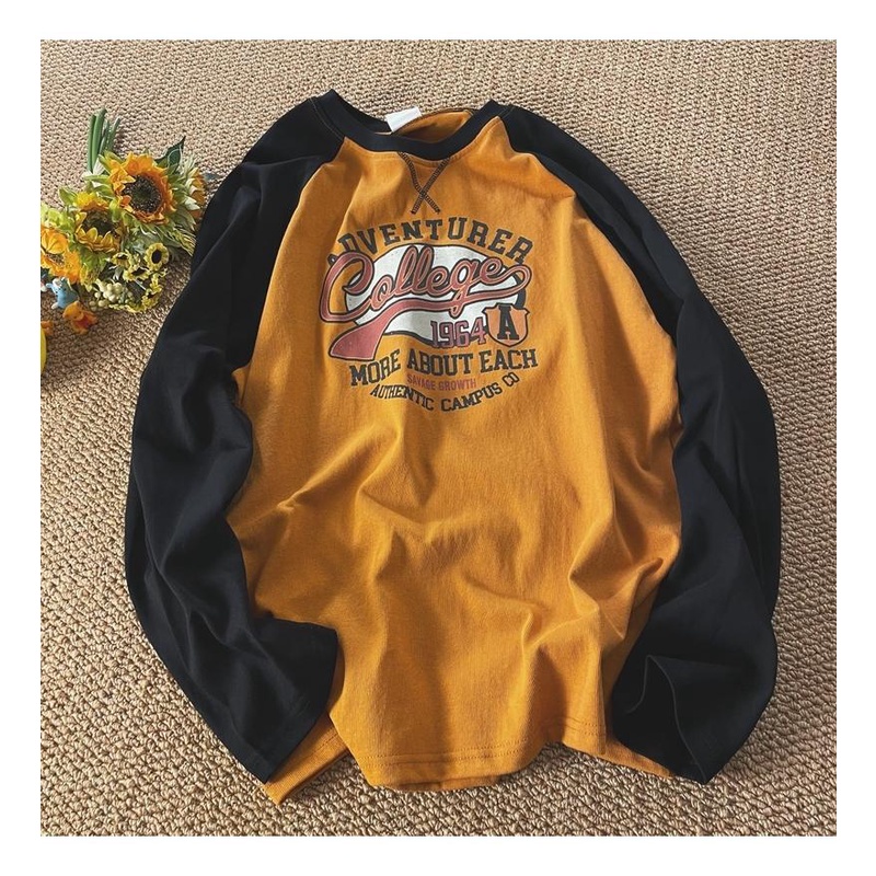 Oversize american loose retro raglan contrast top oversized long sleeve t-shirt