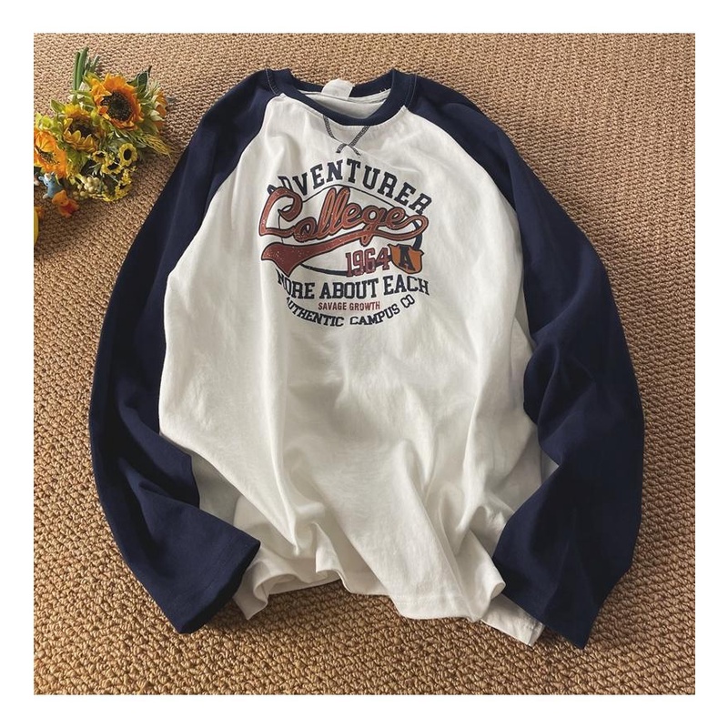 Oversize american loose retro raglan contrast top oversized long sleeve t-shirt