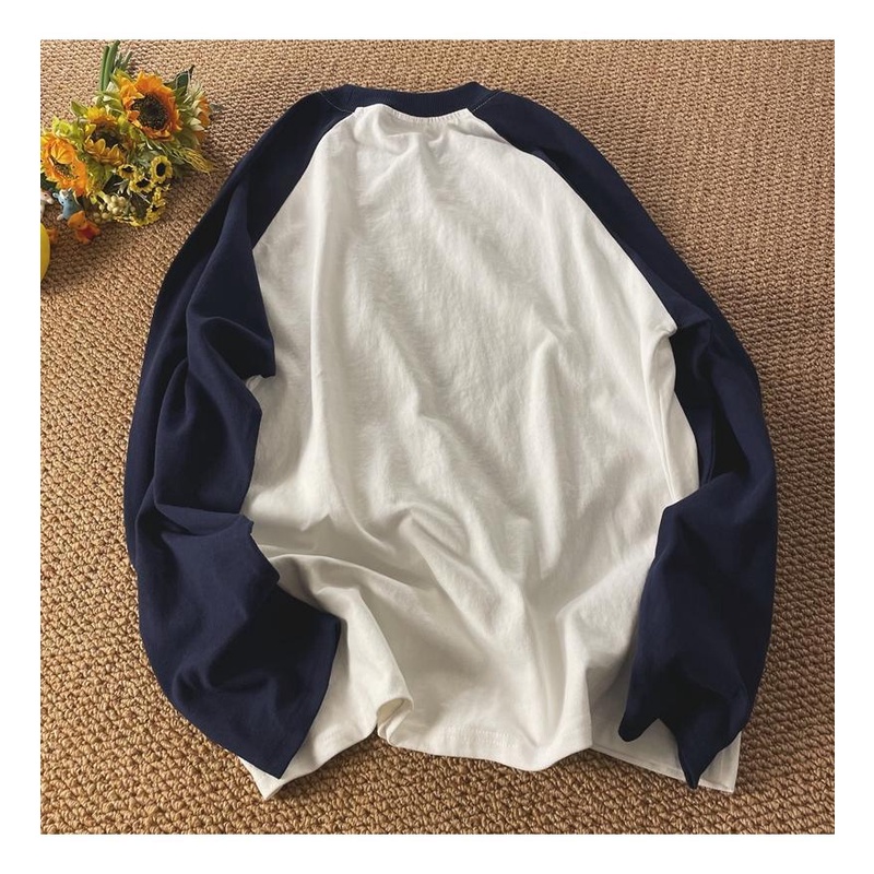 Oversize american loose retro raglan contrast top oversized long sleeve t-shirt