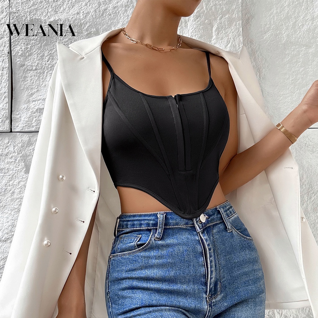 Weania Áo Croptop Ôm Dáng Khóa Xương Cá Cắt Thấp Gợi Cảm Mùa Hè Cho Nữ