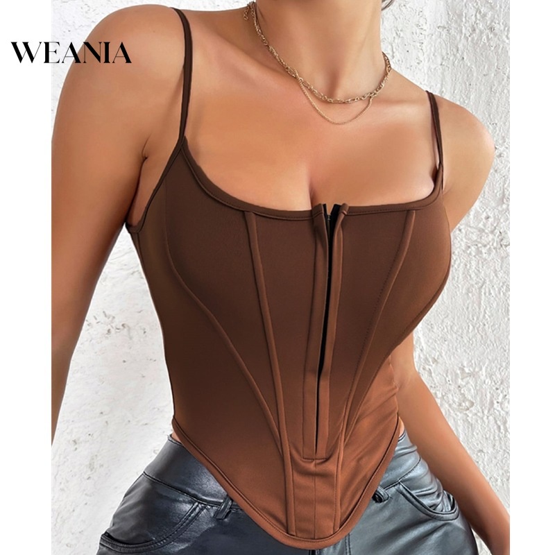 Weania Áo Croptop Ôm Dáng Khóa Xương Cá Cắt Thấp Gợi Cảm Mùa Hè Cho Nữ
