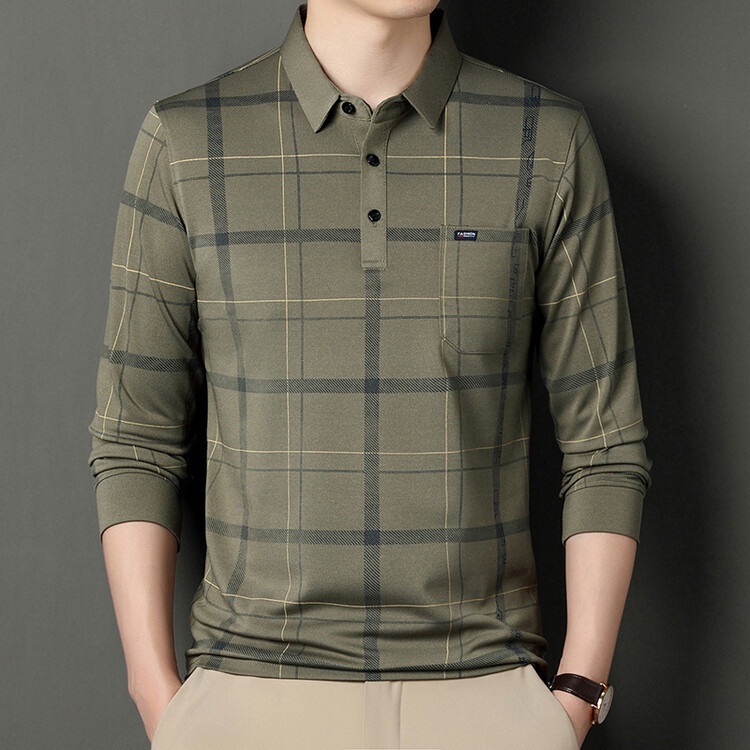 Áo Thun polo Mỏng Tay Dài Dáng Rộng In Họa Tiết Kẻ Sọc Phối Túi Thời Trang Cho Nam