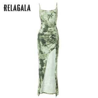 RelaGala Nữ Thời Trang Mới Đơn Giản Không Tay Dây Buộc Nhuộm Chia Đầm
