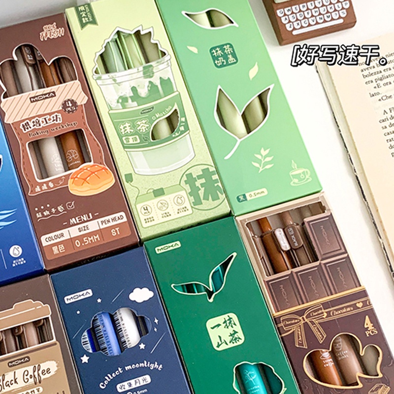 4 Chiếc Bút Bi Nước Mực Đen Ngòi 0.5mm Tay cầm mềm Baking Series Bút Gel có thể thu vào Bút mực đen ST Nib Bút ký