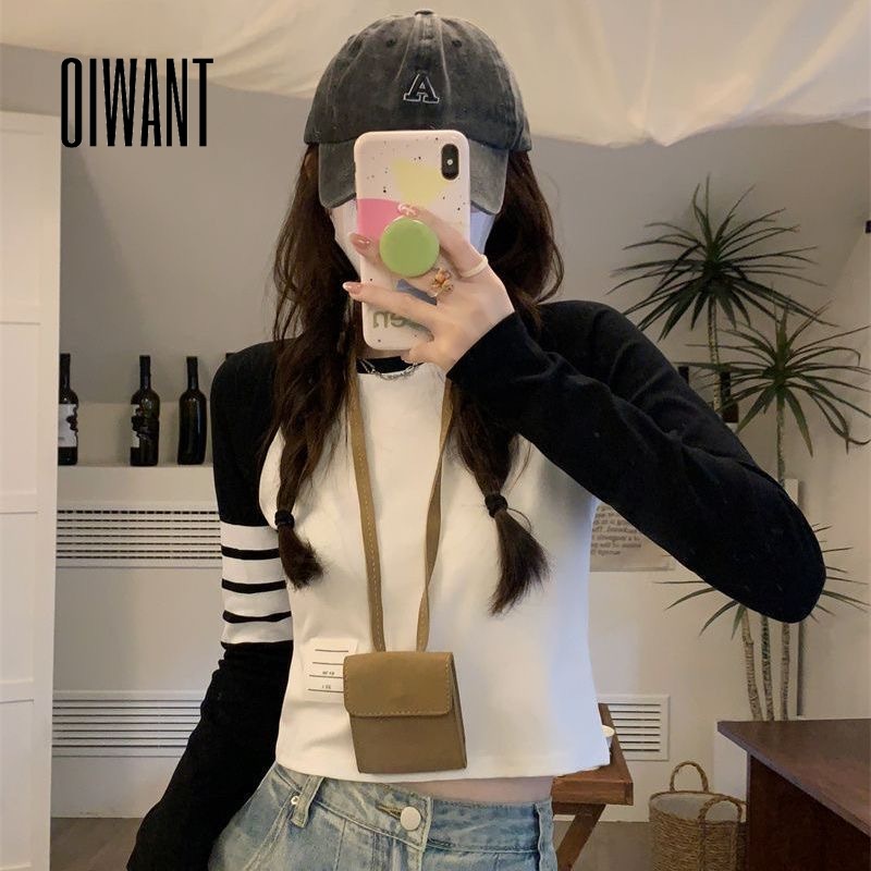 Oiwant Áo Thun Tay Dài Cổ Tròn Phối Màu Tương Phản Phong Cách retro 2023 Cho Nữ