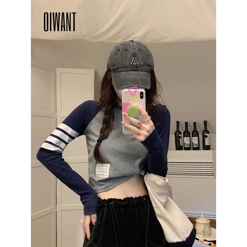 Oiwant Áo Thun Tay Dài Cổ Tròn Phối Màu Tương Phản Phong Cách retro 2023 Cho Nữ