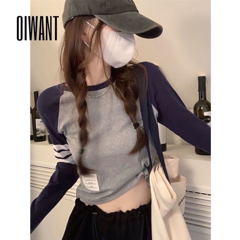 Oiwant Áo Thun Tay Dài Cổ Tròn Phối Màu Tương Phản Phong Cách retro 2023 Cho Nữ