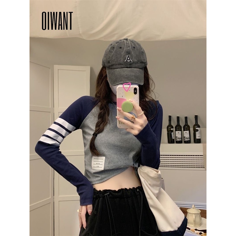 Oiwant Áo Thun Tay Dài Cổ Tròn Phối Màu Tương Phản Phong Cách retro 2023 Cho Nữ