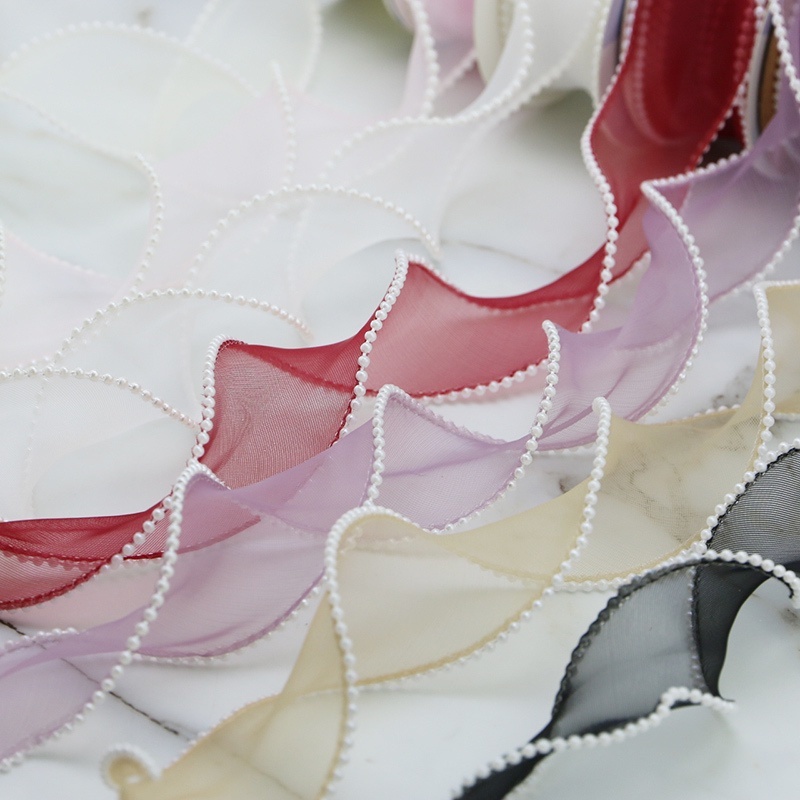 Ruy Băng Gạc Viền Ngọc Trai Tươi 40mm Đóng Gói Hoa Tươi Trang Trí