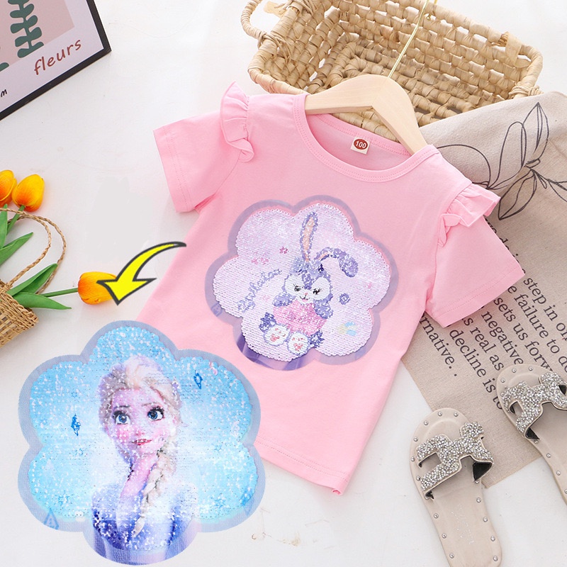 Áo Thun cotton Màu Trơn Tay Bèo Đính Kim Sa Hình Công Chúa Dễ Thương Thời Trang Mùa Hè Cho Bé Gái 3-8 Tuổi