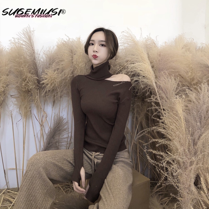 Hàng Mới Về sugemiusi set Áo sweater Cổ Lọ Tay Dài Hở Vai Dáng Ôm Thời Trang Thu Đông Mới