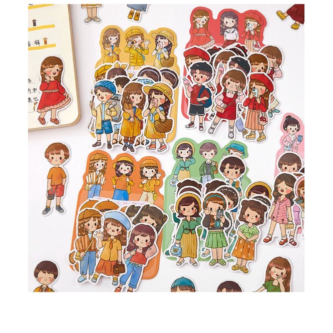 Túi 20 hình dán sticker cô gái/chàng trai dán trang trí sổ tay, planner, điện thoại