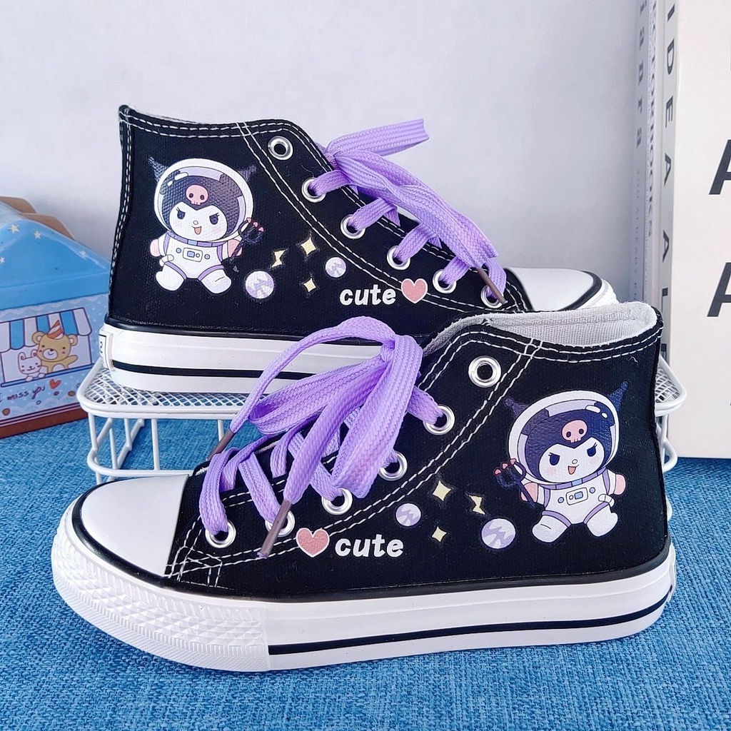 Kuromi Giày Vải canvas Cổ Cao Họa Tiết Vẽ Tay Phong Cách Hoạt Hình Dễ Thương Cho Học Sinh