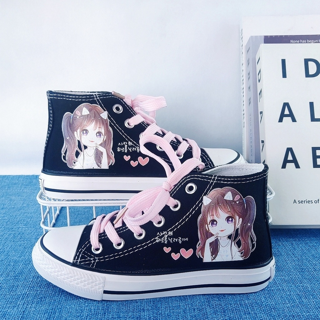 Kuromi Giày Vải canvas Cổ Cao Họa Tiết Vẽ Tay Phong Cách Hoạt Hình Dễ Thương Cho Học Sinh