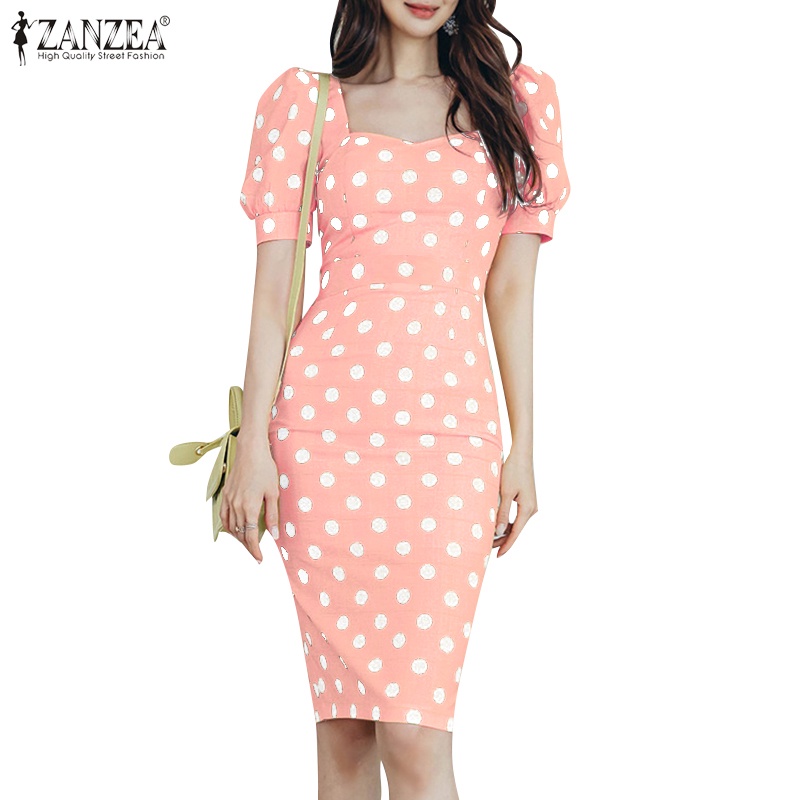 Zanzea Đầm Cổ Vuông Tay Ngắn Phồng Họa Tiết Chấm Bi Thanh Lịch Cho Nữ