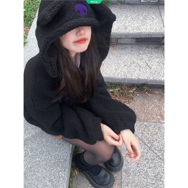 Sanrio Áo Khoác Hoodie Dày Dặn Dáng Rộng Thêu Họa Tiết Hoạt Hình kuromi Dễ Thương Thời Trang Thu Đông 2023 Cho Nữ Mới