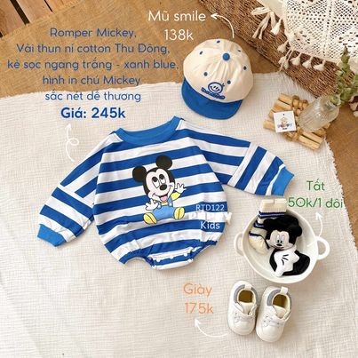 (RTD122) (5-12kg) Quần áo trẻ em (Puppy Kids) Romper Mickey, thun nỉ cotton Thu Đông, kẻ sọc ngang trắng - xanh.