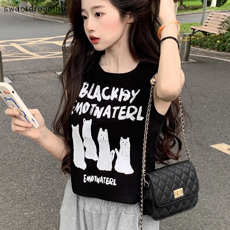 Áo Sát Nách Cổ Tròn In Chữ Và Mèo Thời Trang Mùa Hè Cho Nữ