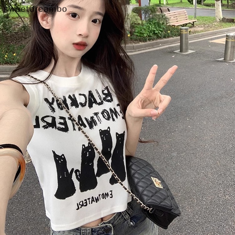 Áo Sát Nách Cổ Tròn In Chữ Và Mèo Thời Trang Mùa Hè Cho Nữ