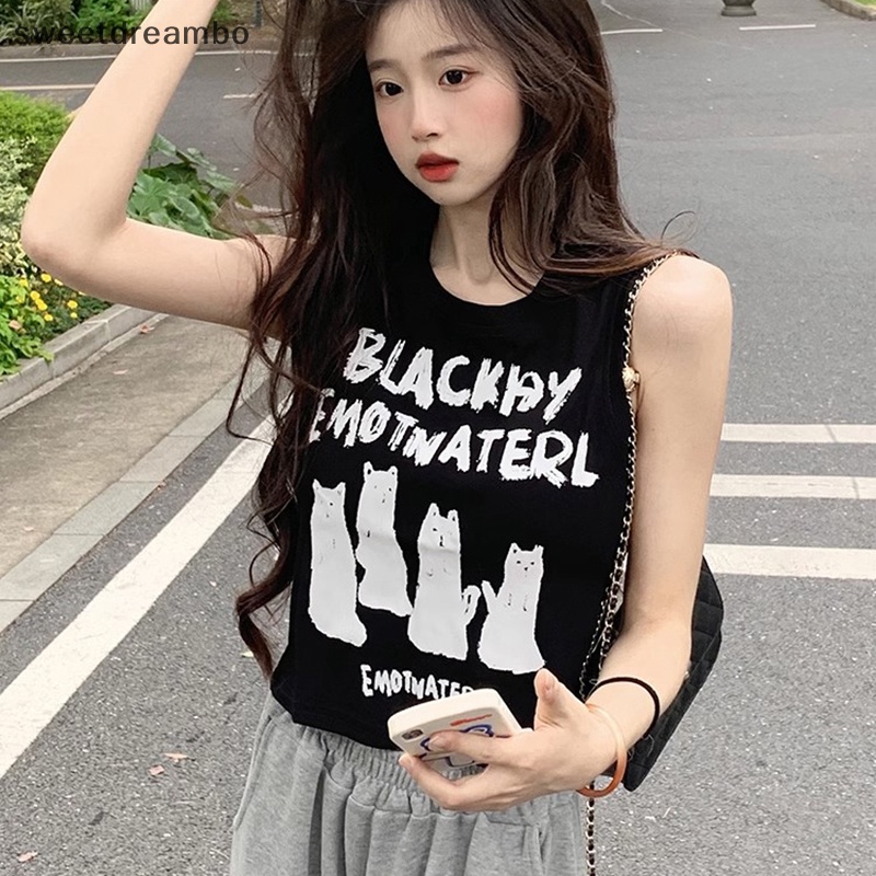 Áo Sát Nách Cổ Tròn In Chữ Và Mèo Thời Trang Mùa Hè Cho Nữ