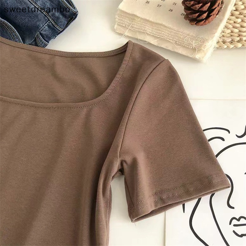 Áo Croptop Tay Ngắn Cổ Vuông Màu Trơn Thời Trang Dành Cho Nữ