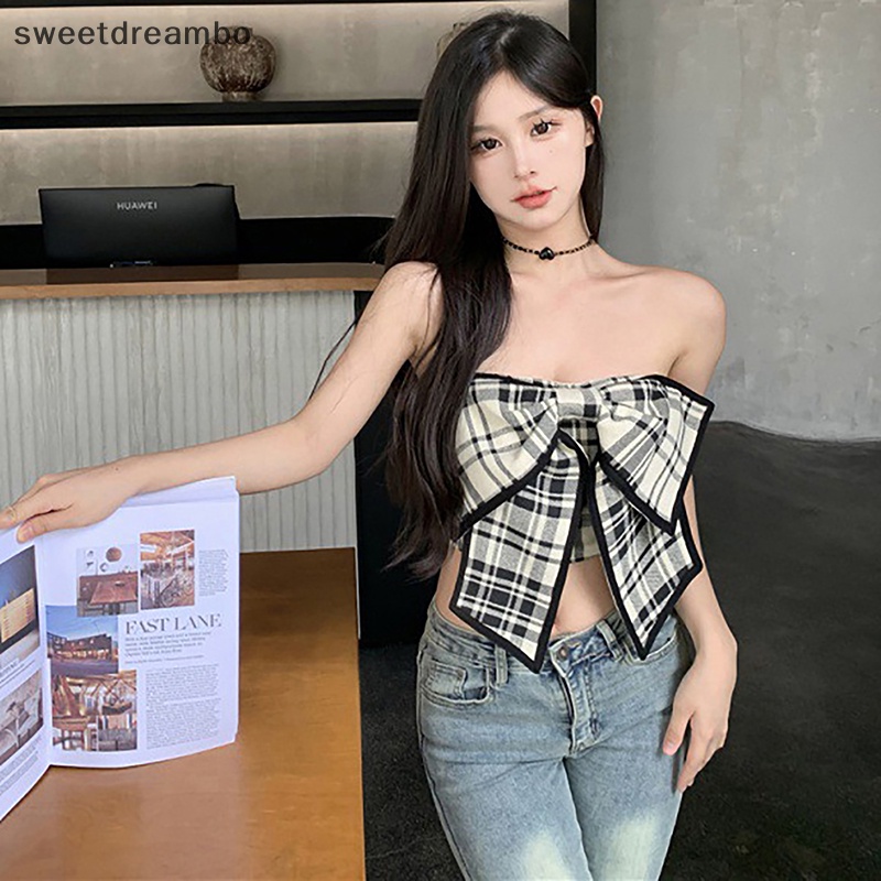 Áo Hai Dây Thắt Nơ Họa Tiết Sọc Caro Phong Cách Hàn Quốc Quyến Rũ Cho Nữ