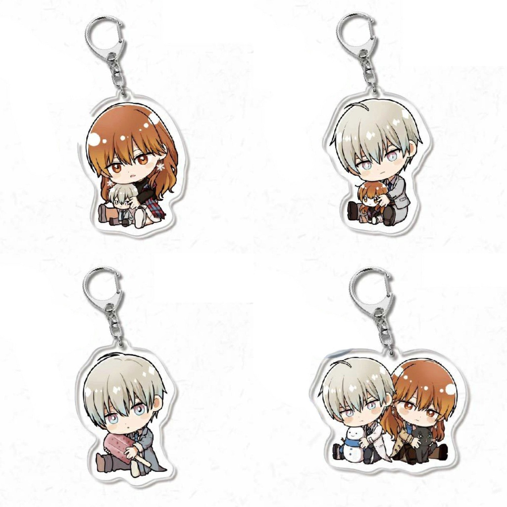 Móc khóa CHÀNG BĂNG GIÁ VÀ NÀNG LẠNH LÙNG ver Ngồi ôm đồ chibi mica anime xinh xắn arcylic dễ thương