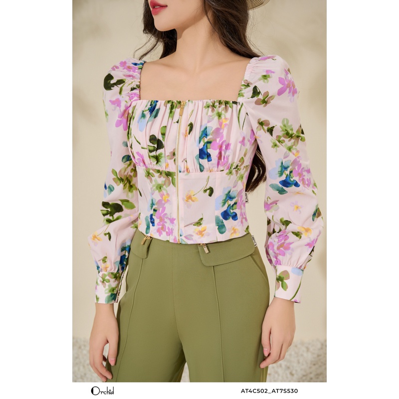 Áo croptop kiểu cổ vuông thiết kế khóa trước chất voan mềm Orchid - AT4C502