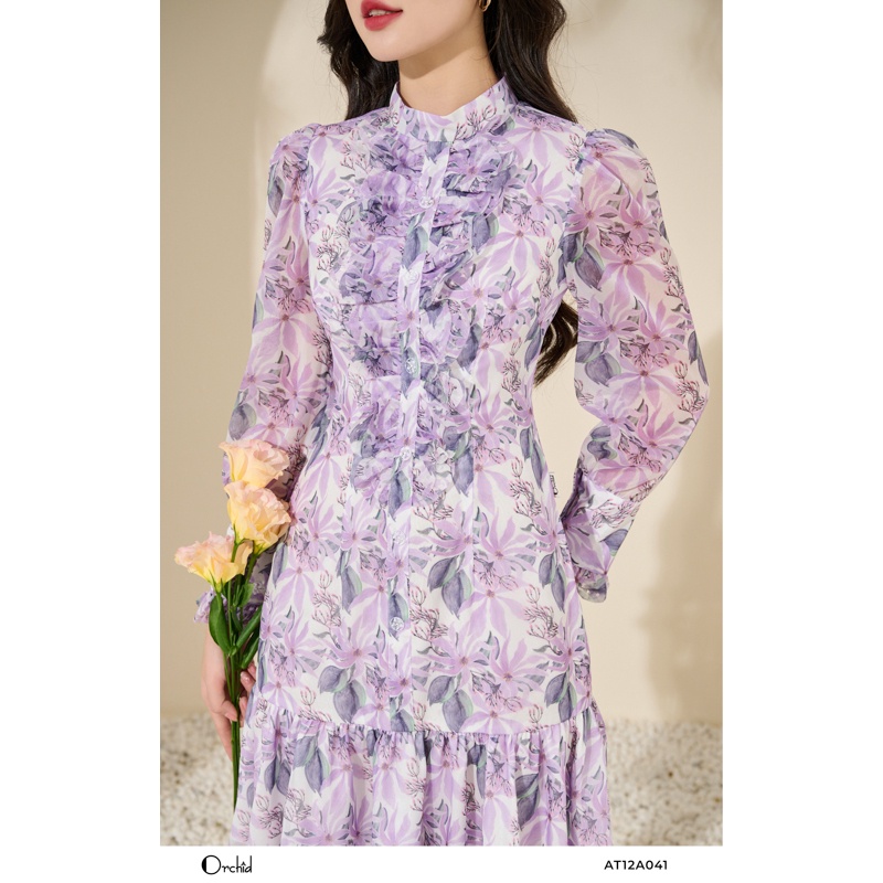 Đầm tơ hoa tím dài tay thiết kế cổ đức Orchid - AT12A041