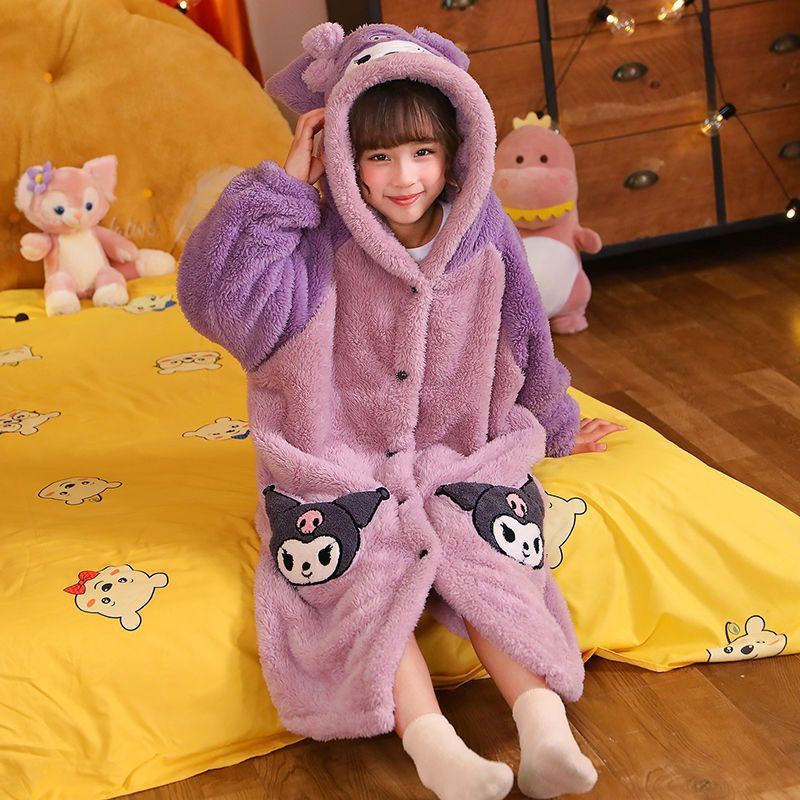 Áo Choàng Ngủ Dáng Dài Chất Nỉ Dày Dặn In Họa Tiết Hoạt Hình Dễ Thương Thời Trang Thu Đông Cho Bé Gái