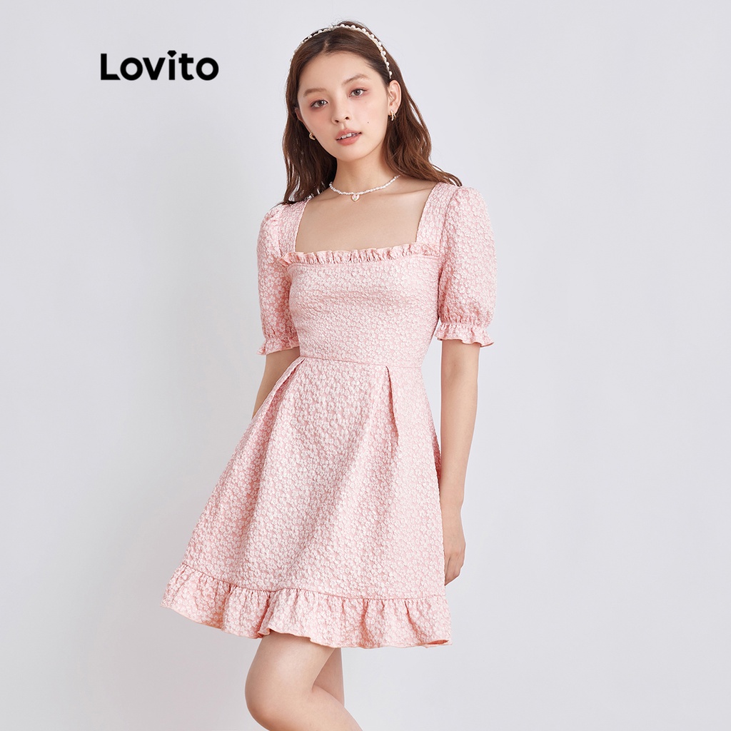 Đầm midi Lovito cổ vuông họa tiết hoa diềm viền xếp nếp phong cách lãng mạn cho nữ L44AE011