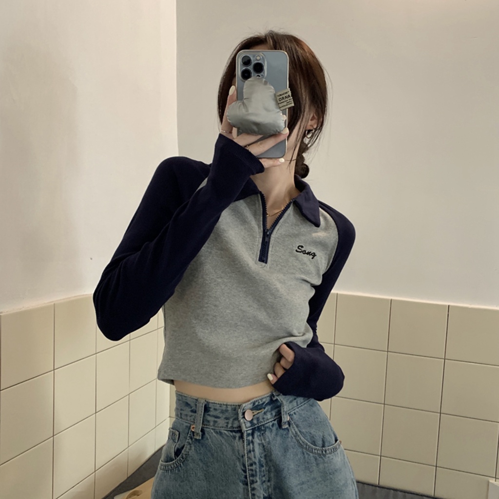 Áo polo Tay Dài Dáng Ôm Phong Cách vintage Dành Cho Nữ