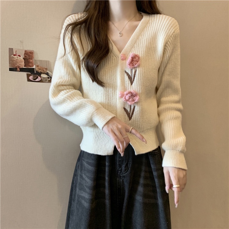 Áo len dệt kim ngắn cổ chữ V mùa thu Hàn Quốc dành cho nữ