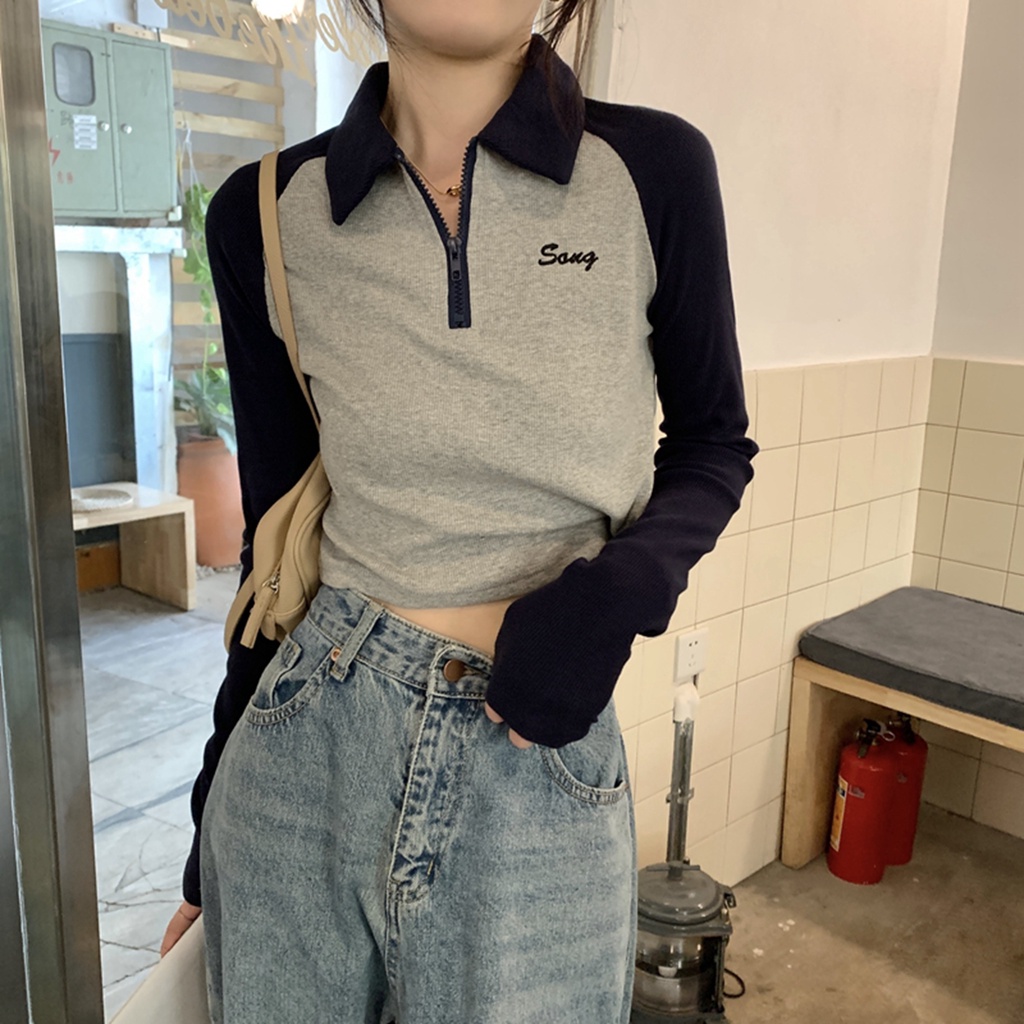 Áo polo Tay Dài Dáng Ôm Phong Cách vintage Dành Cho Nữ