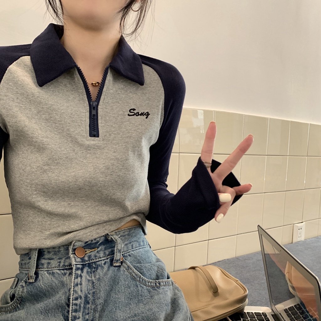 Áo polo Tay Dài Dáng Ôm Phong Cách vintage Dành Cho Nữ