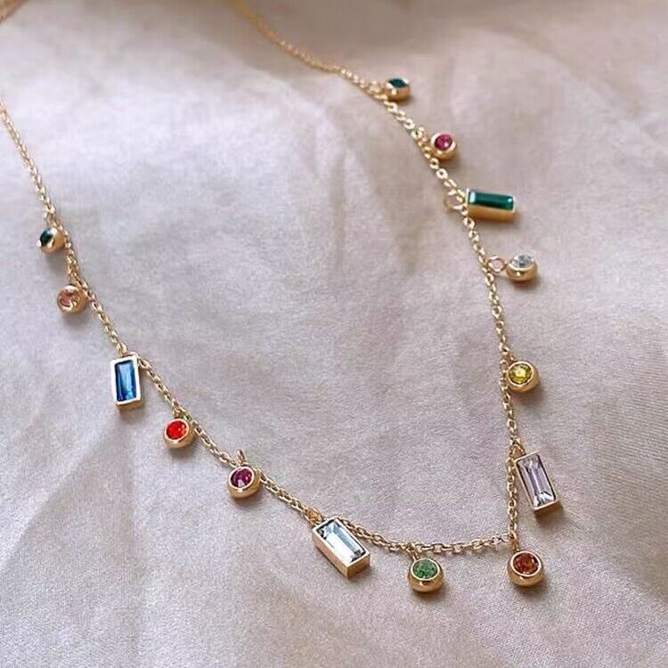 Thời Trang Dây Chuyền Thép Titan Mạ Vàng Đính Đá zircon Nhiều Màu Xinh Xắn