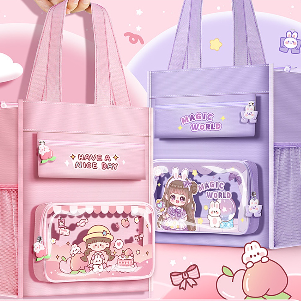 Túi tote Vải canvas In Hoạt Hình Phối Khóa Kéo Đựng Sách Tiện Dụng Cho Học Sinh