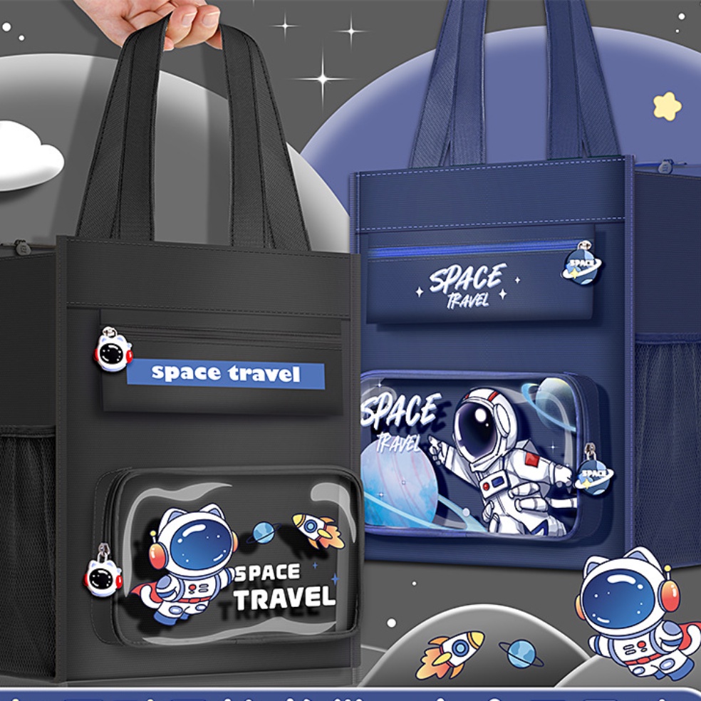 Túi tote Vải canvas In Hoạt Hình Phối Khóa Kéo Đựng Sách Tiện Dụng Cho Học Sinh