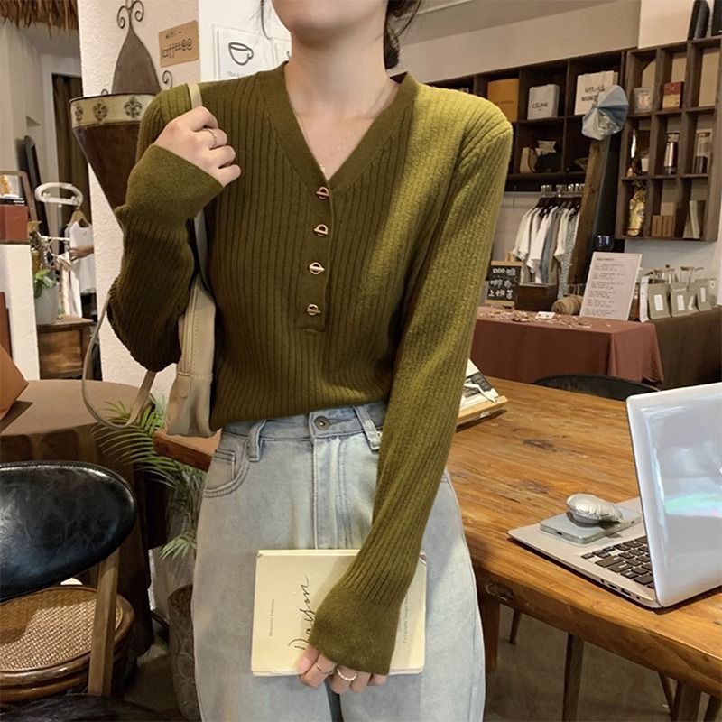 Bh Áo sweater Dài Tay Ôm Dáng Cổ Chữ v Cài Nút Phong Cách Pháp Cho Nữ